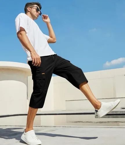 Miniatura 2 de JMIERR Pantalones cortos de sarga para hombre con cordón de algodón clásico elástico con 6 bolsillos