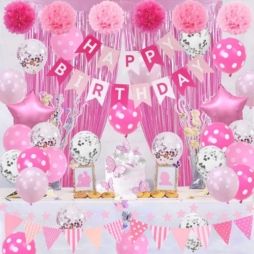 Decoraciones de fiesta de cumpleaños rosa, decoración rosa claro y blanco con pancarta de feliz cumpleaños, flores de pompones de tela, globos rosa