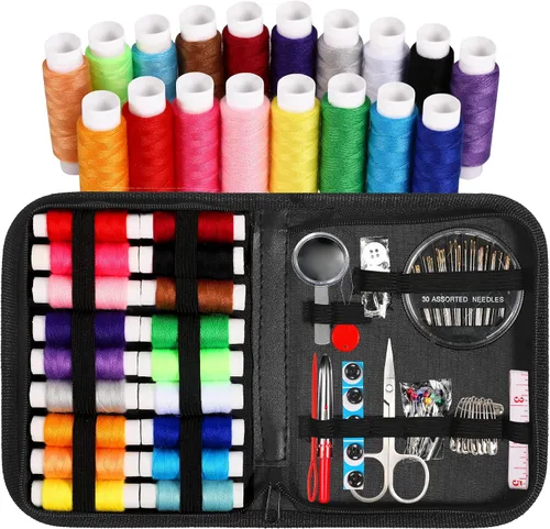 Marcoon Kit de costura para adultos, kit de aguja e hilo con suministros de costura y accesorios que contiene tijeras, cinta métrica, desgarrador de