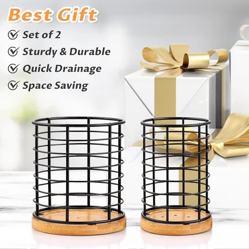 Miniatura 6 de hunnycook 2 Soportes para Utensilios, 5.1*5.1*5.8 y 3.7*3.7*5.8 pulgadas Soportes para Utensilios de Cocina, Recipientes Negros de Metal con Base