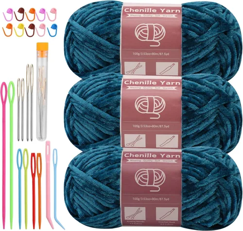 Miniatura 15 de LUNARM Hilado de chenilla para tejer y hacer ganchillo, 3 madejas de 240 metros de hilo grueso, suave y voluminoso, para tejer mantas, ropa y Beige