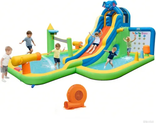 Miniatura 12 de BOUNTECH Tobogán acuático inflable, toboganes de surf duales para niños, parque de toboganes de agua, castillo inflable con 2 anillos de natación