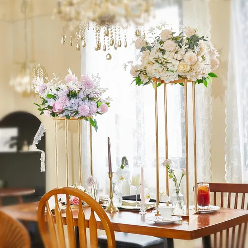 Miniatura 3 de 2 piezas de centro de mesa de boda jarrones dorados para mesas, soporte geométrico de flores de metal, 31.5 pulgadas de alto, florero de piso alto