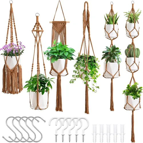 Miniatura 10 de SFENNGPET - Paquete de 6 perchas de macramé para plantas, juego de 6 perchas colgantes para plantas de interior con kit de 6 perchas hechas a mano