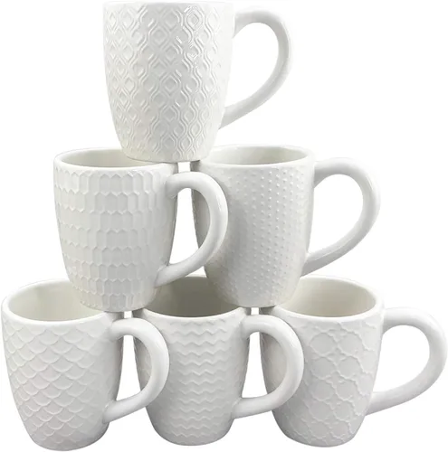 Schliersee Juego de 6 tazas de café de cerámica blanca de 12 onzas, elegantes tazas de café en relieve para café, té, leche, cacao, cereales Tazas