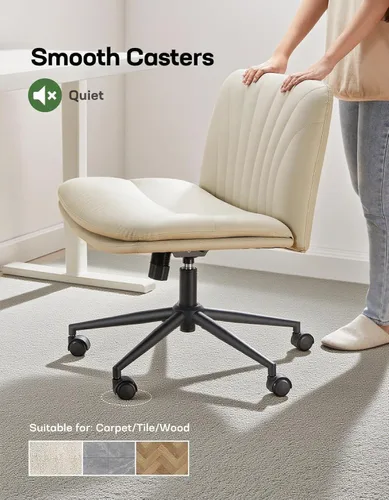 Miniatura 3 de Marsail Silla de escritorio sin brazos con ruedas: Silla amplia de cuero PU con piernas cruzadas, sillas de tarea giratorias ajustables y cómodas