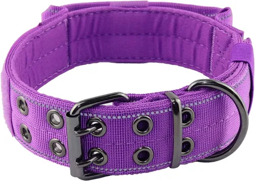 Collar reflectante para perro táctico resistente con mango de control y hebilla de metal para entrenamiento de perros (M, morado)