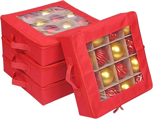 ProPik 4 Piezas Cajas de Almacenamiento de Adornos Navideños con Divisores | 4 Bandejas Individuales con Capacidad para 64 Bolas de Decoración Rojo