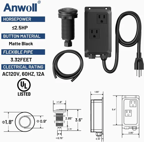 Miniatura 4 de Kit de interruptor de aire para eliminación de basura ANWOLL - Profesional - Doble salida, desagüe de fregadero con encendido/apagado, botón