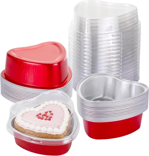 Miniatura 10 de Juego de 15 moldes para pasteles en forma de corazón con tapas, mini recipientes desechables de papel de aluminio para cupcakes de 22.7 onzas