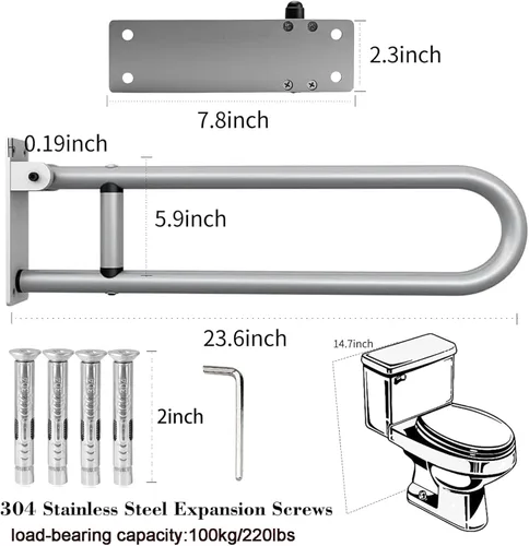 Miniatura 2 de Barra de agarre de inodoro de 24 pulgadas, rieles abatibles de aleación de aluminio, barras de agarre para discapacitados, riel de inodoro