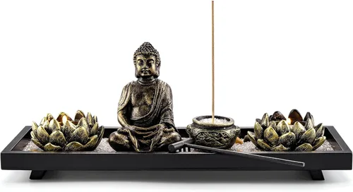 Jovivi set de jardín zen con estatua de Buda, 2 portavelas de té de loto, mazo y rocas y cristales y quemador de incienso con soporte para varillas,