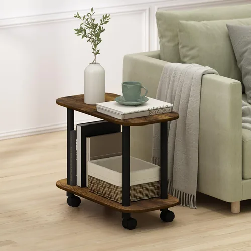 Miniatura 16 de Furinno Turn-N-Tube - Mesa auxiliar rectangular de 2 niveles con ruedas, mesita de noche de esquina redonda, mesita de noche con estante abierto