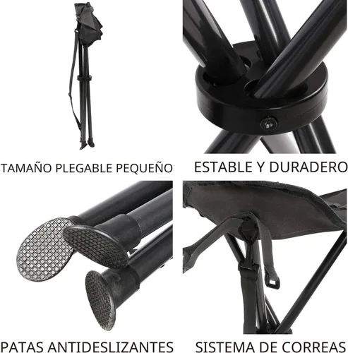 Miniatura 8 de Portal Taburete de trípode plegable alto para acampar al aire libre, caminar, caza, senderismo, pesca, viajes, soporta 225 libras Negro