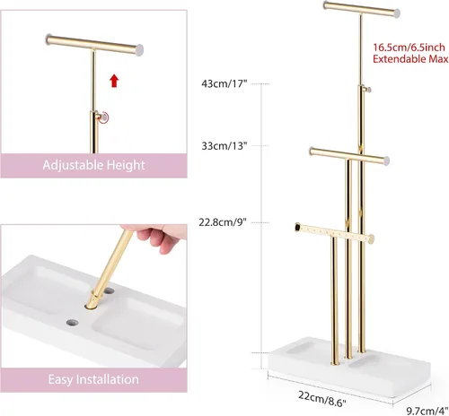 Miniatura 5 de Love-KANKEI Organizador de joyas colgante con base de metal y madera, soporte para collar con árbol de 3 niveles soporte para joyas para pulseras
