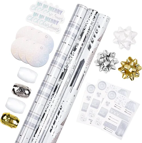Miniatura 17 de LeZakaa Mini rollo de papel de regalo de Navidad, diseño de campana y árbol/bastones de caramelo/copos de nieve, blanco y negro, para envolver