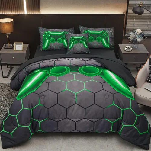 Miniatura 9 de Juego de edredón azul de consola de juegos con sábanas, 6 piezas de cama en una bolsa, geométrica, ligera, para niños, tamaño matrimonial