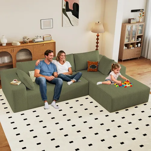 Miniatura 25 de Sofá seccional modular de 96", sofá en forma de L tipo nube sin estructura con chaise lounge, tapizado de pana con asiento profundo de espuma Negro