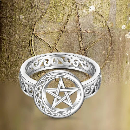 Miniatura 4 de Talonior Anillo de pentagrama con pentáculo para mujer, nudo celta, luna creciente, bruja, wicca, anillos paganos, plata de ley, amuleto, estrella