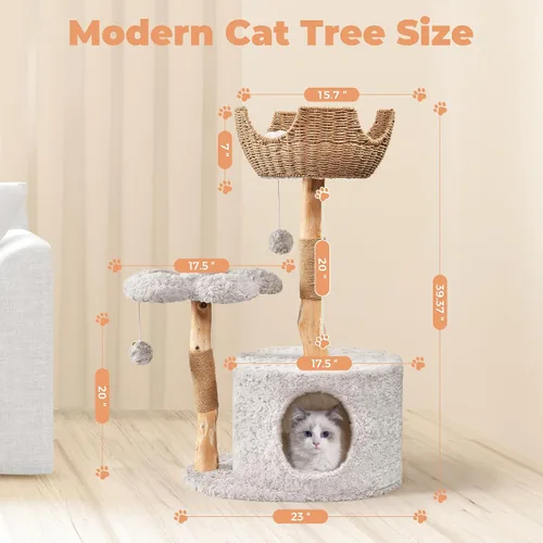 Miniatura 6 de Easyego Árbol de gato moderno, torre de árbol de gato de madera estética para gatos grandes, condominio de lujo para gatos con postes para rascar