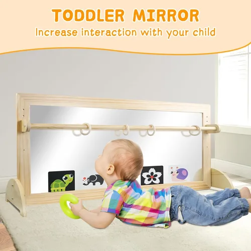 Miniatura 4 de Espejo Montessori con barra, barra de dominadas ajustable de madera para bebé, piso y pared, inastillable, seguridad, coordinación infantil, muebles