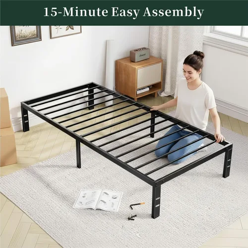 Miniatura 4 de Marco de cama de tamaño individual, marcos de cama de plataforma de metal de 14 pulgadas con soporte de listones de acero resistente, no necesita