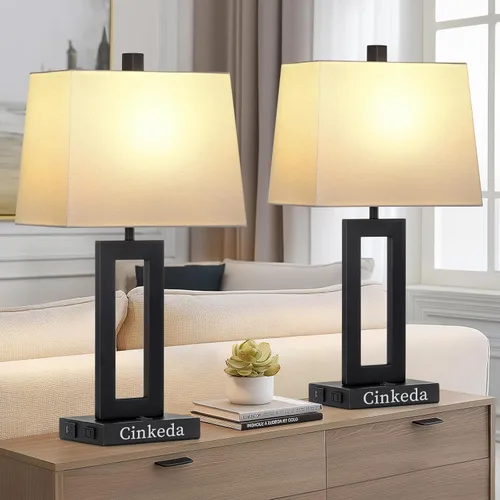 Miniatura 8 de Cinkeda Juego de 2 lámparas de mesa con puertos USB C+A y salida de CA, lámparas de noche, lámparas modernas para dormitorio, lámparas negras
