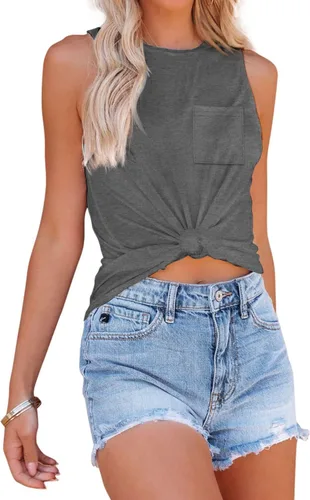 Miniatura 3 de BESFLY Camiseta sin mangas para mujer, cuello redondo, ajuste holgado, ligera, con bolsillo