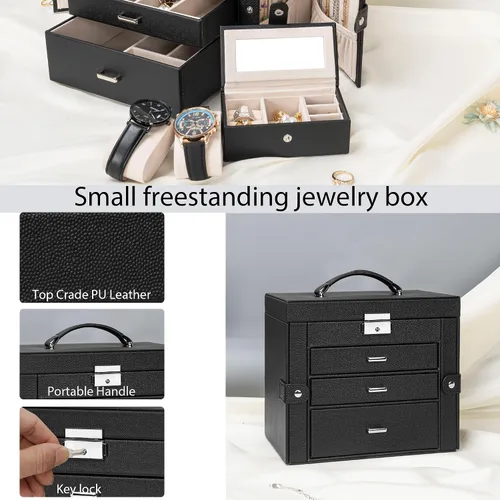 Miniatura 3 de AKOZLIN Joyero de 4 niveles con cerradura de cuero con 3 cajones para mujeres y niñas, anillo collar, aretes, pulsera, relojes, soporte con espejo
