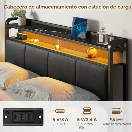 Miniatura 4 de Rolanstar Armazón de cama tamaño completo con estación de carga y luces LED, cabecera tapizada con estantes de almacenamiento, listones de metal