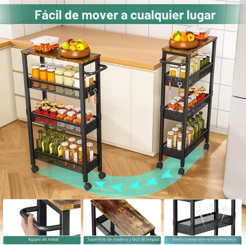 Miniatura 4 de Vivihomety Carrito de Almacenamiento Delgado Utilitario con Ruedas, Carrito Rodante Pequeño de 4 Niveles con Parte Superior de Madera, Carro