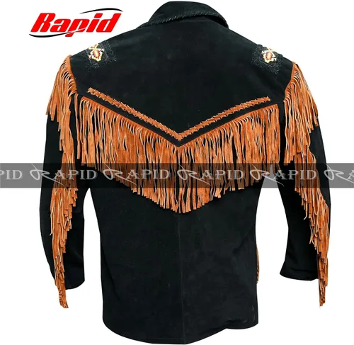 Miniatura 2 de Chaqueta de piel vaquera occidental para hombre, con flecos, ante de hueso, abrigo de cuero nativo americano, color negro