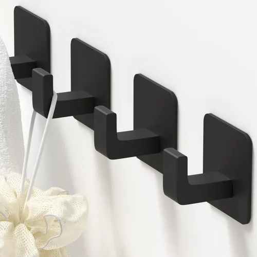 GWAAZXGZ Ganchos de toalla cuadrados autoadhesivos - Paquete de 4 ganchos de metal negro mate, diseño de ángulo recto para toallas, batas y