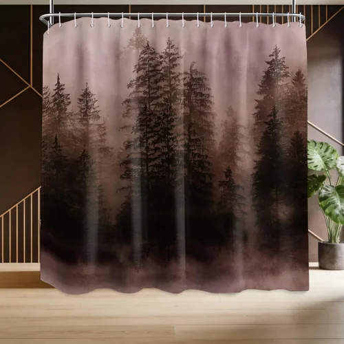 Miniatura 18 de Cortina de ducha estrecha para hombre, diseño de bosque negro y gris, para casa rodante, juego de decoración de baño, tela impermeable con ganchos