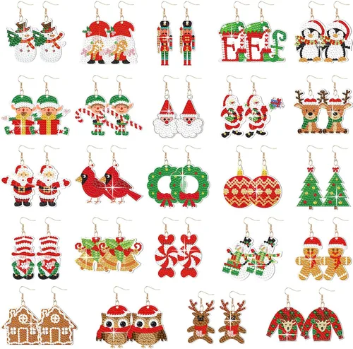 Siifert 24 pares de aretes de pintura de diamante de Navidad, kit de fabricación de aretes DIY, aretes de arte de diamante, kit de joyería para