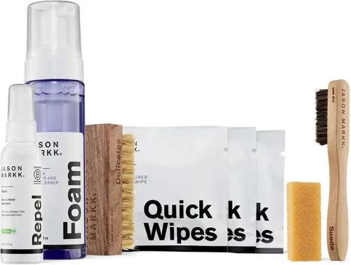 Jason Markk Kit de cuidado y gamuza de 6 piezas, cepillo de gamuza y borrador de manchas, espuma, spray de repelente, cepillo delicado y toallitas
