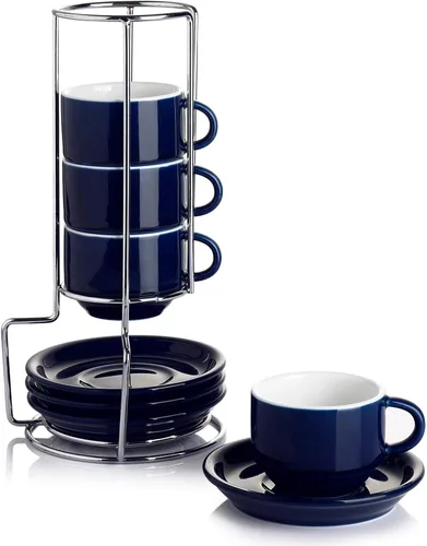 Sweese - Juego de 4 tazas de café espresso apilables de porcelana con platillos y soporte de metal, 4 onzas, color azul marino