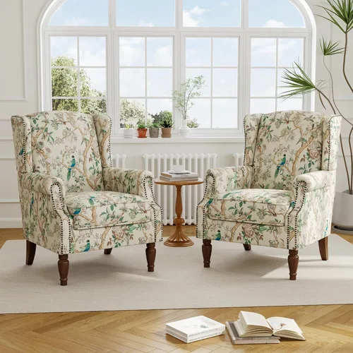 Miniatura 19 de Silla reclinable tapizada, sillón de ala floral con respaldo y reposapiés ajustables, cómoda silla decorativa para leer, sofá individual