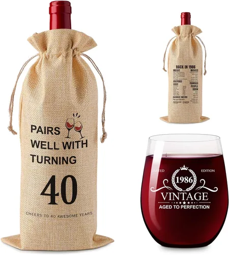 kwsnatel Regalos de cumpleaños para mujeres y hombres, decoraciones de 40 aniversario, regalos de regalo de vino vintage de 1986, regalos de