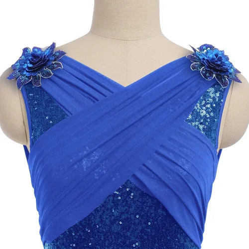 Miniatura 4 de AFAVOM Disfraz de baile lírico para mujer, vestido de lentejuelas con flores, falda asimétrica de tul fluida, disfraces de danza contemporánea
