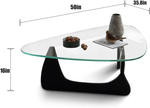 Miniatura 2 de Mesa auxiliar de cristal triangular, simple y moderna, mesa auxiliar vintage de vidrio y base de madera maciza, mesa auxiliar para sala de estar