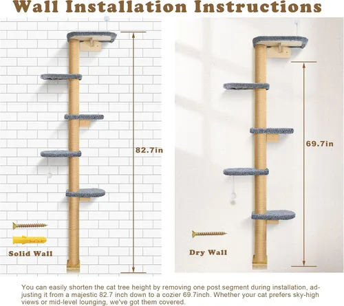 Miniatura 6 de Estantes de pared para gatos para gatitos, árbol para gatos de piso a techo de 83 pulgadas con almohadillas de felpa grises, árbol de escalada