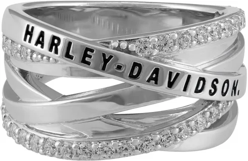 Harley-Davidson Anillo de banda de cristal trenzado Bling H-D para mujer - Plata de ley