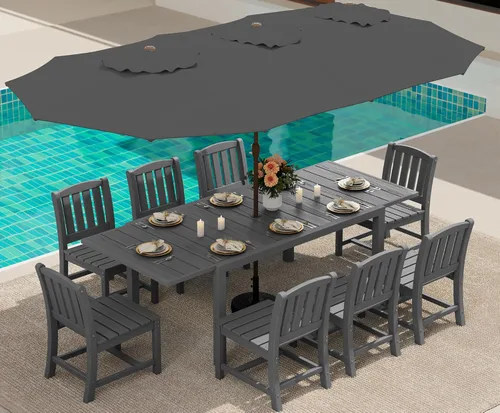 Miniatura 51 de SERWALL Juego de comedor para exteriores de 9 piezas, mesa de comedor expandible de 60 a 83 pulgadas y 8 sillas de polietileno de alta densidad