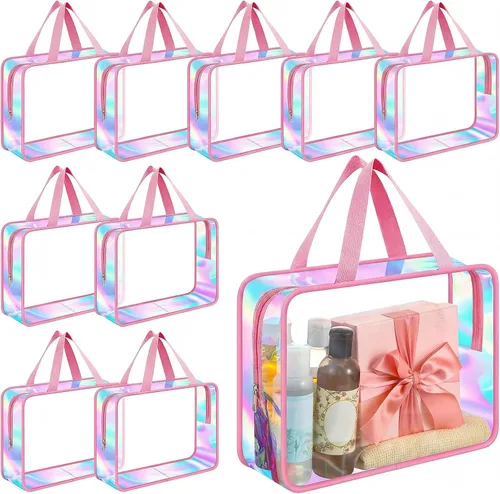 Miniatura 16 de Sweetude Bolsa de aseo transparente grande con asa, bolsa de maquillaje de playa iridiscente de gran capacidad, bolsa de maquillaje de PVC Azul