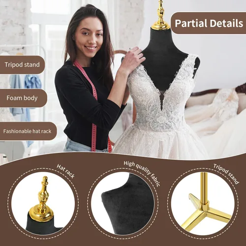 Miniatura 2 de Maniquí femenino cuerpo oro trípode soporte,Altura ajustable Maniqui para Ropa,Maniquí de forma de vestido