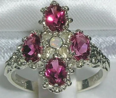 Miniatura 2 de Anillo de plata de ley 925 con ópalo auténtico y turmalina rosa para mujer