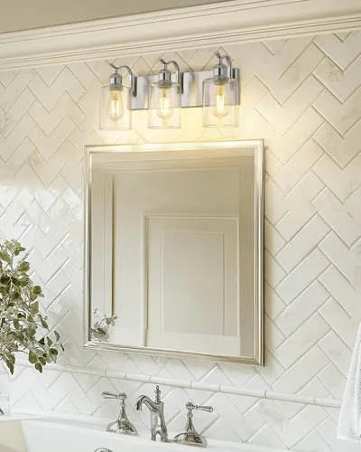 Miniatura 5 de Lámpara de tocador de baño de 3 luces, aplique de pared de níquel cepillado, lámpara de baño moderna con vidrio transparente, VL01BN-3 Níquel