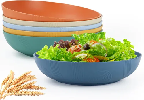 Miniatura 8 de Juego de 6 cuencos grandes para pasta de 10 pulgadas - 65 oz, cuencos de paja de trigo, platos tipo cuenco, cuencos grandes de plástico