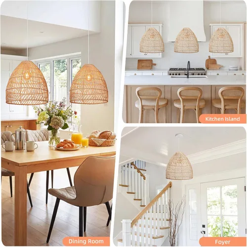 Miniatura 2 de Arturesthome Lámpara colgante de ratán, lámpara de mimbre estilo bohemio, cesta de techo, lámpara colgante grande de tejido natural para fregadero
